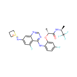 C[C@H](NC(=O)[C@@H](C)Oc1cc(F)ccc1Nc1ncnc2cc(N=S3(=O)CCC3)cc(F)c12)C(F)(F)F ZINC000220955580