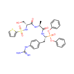 C[C@H](NC(=O)[C@@H](CO)NS(=O)(=O)c1cccs1)C(=O)N[C@@H](Cc1ccc(NC(=N)N)cc1)P(=O)(Oc1ccccc1)Oc1ccccc1 ZINC000034717923