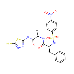 C[C@H](NC(=O)[C@H](Cc1ccccc1)NS(=O)(=O)c1ccc([N+](=O)[O-])cc1)C(=O)Nc1nnc(S)s1 ZINC000014948687