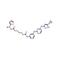 C[C@H](NC(=O)CCCCCC(=O)Nc1cccc(Nc2nccc(Nc3cc(C4CC4)[nH]n3)n2)c1)c1ccco1 ZINC000473085088