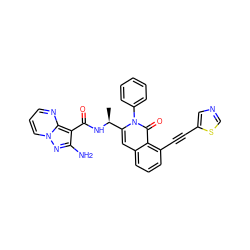 C[C@H](NC(=O)c1c(N)nn2cccnc12)c1cc2cccc(C#Cc3cncs3)c2c(=O)n1-c1ccccc1 ZINC001772600699