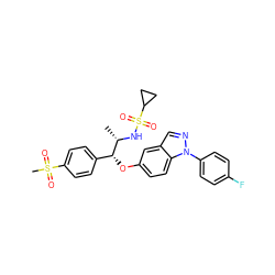 C[C@H](NS(=O)(=O)C1CC1)[C@H](Oc1ccc2c(cnn2-c2ccc(F)cc2)c1)c1ccc(S(C)(=O)=O)cc1 ZINC000113774128