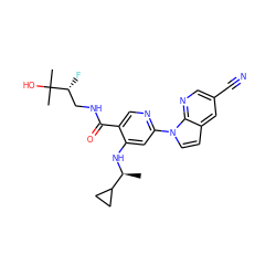 C[C@H](Nc1cc(-n2ccc3cc(C#N)cnc32)ncc1C(=O)NC[C@@H](F)C(C)(C)O)C1CC1 ZINC001772580209