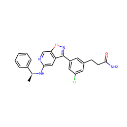 C[C@H](Nc1cc2c(-c3cc(Cl)cc(CCC(N)=O)c3)noc2cn1)c1ccccc1 ZINC000040951123