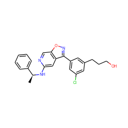 C[C@H](Nc1cc2c(-c3cc(Cl)cc(CCCO)c3)noc2cn1)c1ccccc1 ZINC000034285229