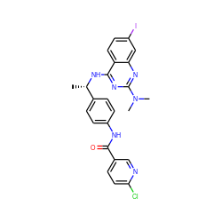 C[C@H](Nc1nc(N(C)C)nc2cc(I)ccc12)c1ccc(NC(=O)c2ccc(Cl)nc2)cc1 ZINC000146438196