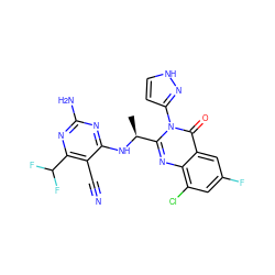 C[C@H](Nc1nc(N)nc(C(F)F)c1C#N)c1nc2c(Cl)cc(F)cc2c(=O)n1-c1cc[nH]n1 ZINC001772610411