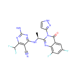 C[C@H](Nc1nc(N)nc(C(F)F)c1C#N)c1nc2c(F)cc(F)cc2c(=O)n1-c1cc[nH]n1 ZINC001772619285