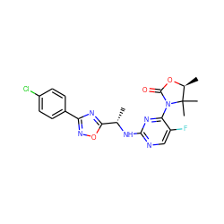 C[C@H](Nc1ncc(F)c(N2C(=O)O[C@@H](C)C2(C)C)n1)c1nc(-c2ccc(Cl)cc2)no1 ZINC000142103004