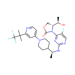 C[C@H](Nc1ncc(F)c(N2C(=O)OC[C@@H]2[C@@H](C)O)n1)C1CCN(c2ccnc(C(C)(C)C(F)(F)F)c2)CC1 ZINC000221662221