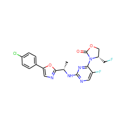 C[C@H](Nc1ncc(F)c(N2C(=O)OC[C@@H]2CF)n1)c1ncc(-c2ccc(Cl)cc2)o1 ZINC000218193724