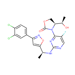 C[C@H](Nc1ncc(F)c(N2C(=O)OC[C@H]2[C@@H](C)O)n1)c1cc(-c2ccc(Cl)c(Cl)c2)no1 ZINC000218136346