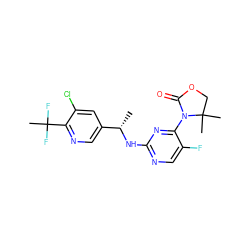 C[C@H](Nc1ncc(F)c(N2C(=O)OCC2(C)C)n1)c1cnc(C(C)(F)F)c(Cl)c1 ZINC000142102613