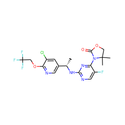 C[C@H](Nc1ncc(F)c(N2C(=O)OCC2(C)C)n1)c1cnc(OCC(F)(F)F)c(Cl)c1 ZINC000221132564