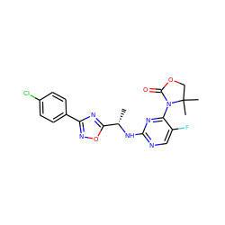 C[C@H](Nc1ncc(F)c(N2C(=O)OCC2(C)C)n1)c1nc(-c2ccc(Cl)cc2)no1 ZINC000205159082