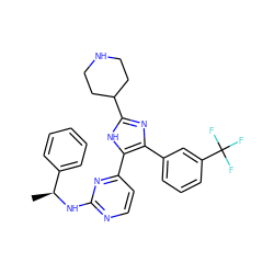 C[C@H](Nc1nccc(-c2[nH]c(C3CCNCC3)nc2-c2cccc(C(F)(F)F)c2)n1)c1ccccc1 ZINC000004617898