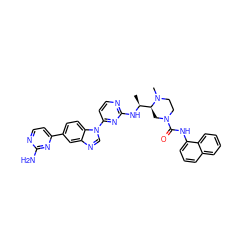 C[C@H](Nc1nccc(-n2cnc3cc(-c4ccnc(N)n4)ccc32)n1)[C@@H]1CN(C(=O)Nc2cccc3ccccc23)CCN1C ZINC000049678415