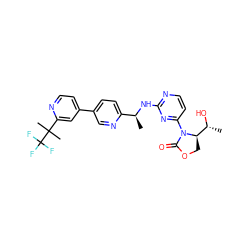 C[C@H](Nc1nccc(N2C(=O)OC[C@@H]2[C@@H](C)O)n1)c1ccc(-c2ccnc(C(C)(C)C(F)(F)F)c2)cn1 ZINC000221664766