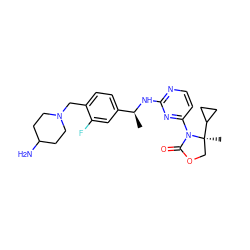 C[C@H](Nc1nccc(N2C(=O)OC[C@]2(C)C2CC2)n1)c1ccc(CN2CCC(N)CC2)c(F)c1 ZINC000299820159