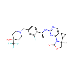 C[C@H](Nc1nccc(N2C(=O)OC[C@]2(C)C2CC2)n1)c1ccc(CN2CCC(O)(C(F)(F)F)CC2)cc1F ZINC000218062797