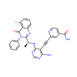 C[C@H](Nc1ncnc(N)c1C#Cc1cc(C(N)=O)ccn1)c1nc2cccc(Cl)c2c(=O)n1-c1ccccc1 ZINC000219111089