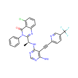 C[C@H](Nc1ncnc(N)c1C#Cc1ccc(C(F)(F)F)cn1)c1nc2cccc(Cl)c2c(=O)n1-c1ccccc1 ZINC000219116775