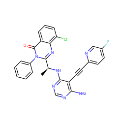 C[C@H](Nc1ncnc(N)c1C#Cc1ccc(F)cn1)c1nc2c(Cl)cccc2c(=O)n1-c1ccccc1 ZINC000209582863