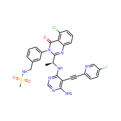 C[C@H](Nc1ncnc(N)c1C#Cc1ccc(F)cn1)c1nc2cccc(Cl)c2c(=O)n1-c1cccc(CNS(C)(=O)=O)c1 ZINC000219157101