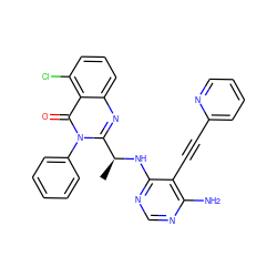 C[C@H](Nc1ncnc(N)c1C#Cc1ccccn1)c1nc2cccc(Cl)c2c(=O)n1-c1ccccc1 ZINC000209648283