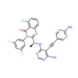 C[C@H](Nc1ncnc(N)c1C#Cc1cnc(N)nc1)c1nc2cccc(Cl)c2c(=O)n1-c1cc(F)cc(F)c1 ZINC000209619893