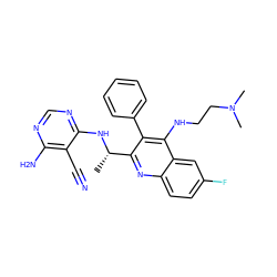 C[C@H](Nc1ncnc(N)c1C#N)c1nc2ccc(F)cc2c(NCCN(C)C)c1-c1ccccc1 ZINC000143464923