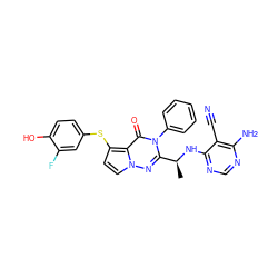 C[C@H](Nc1ncnc(N)c1C#N)c1nn2ccc(Sc3ccc(O)c(F)c3)c2c(=O)n1-c1ccccc1 ZINC000208977693