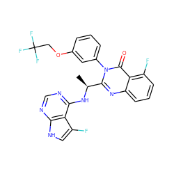 C[C@H](Nc1ncnc2[nH]cc(F)c12)c1nc2cccc(F)c2c(=O)n1-c1cccc(OCC(F)(F)F)c1 ZINC000218622416