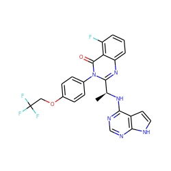 C[C@H](Nc1ncnc2[nH]ccc12)c1nc2cccc(F)c2c(=O)n1-c1ccc(OCC(F)(F)F)cc1 ZINC000218622220