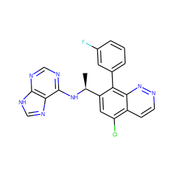 C[C@H](Nc1ncnc2[nH]cnc12)c1cc(Cl)c2ccnnc2c1-c1cccc(F)c1 ZINC000072315266