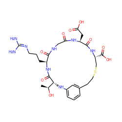 C[C@H](O)[C@H]1Nc2cccc(c2)CCSC[C@@H](C(=O)O)NC(=O)[C@H](CC(=O)O)NC(=O)CNC(=O)[C@H](CCCN=C(N)N)NC1=O ZINC000026170431
