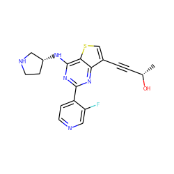 C[C@H](O)C#Cc1csc2c(N[C@@H]3CCNC3)nc(-c3ccncc3F)nc12 ZINC000653765542