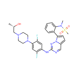 C[C@H](O)CN1CCN(c2cc(F)c(Nc3ncc4ccc(-c5ccccc5N(C)S(C)(=O)=O)n4n3)cc2F)CC1 ZINC000095574989