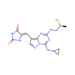 C[C@H](O)CNc1nc(NC2CC2)n2ncc(/C=C3\NC(=O)NC3=O)c2n1 ZINC000205044797