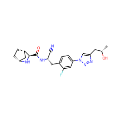 C[C@H](O)Cc1cn(-c2ccc(C[C@@H](C#N)NC(=O)[C@H]3N[C@@H]4CC[C@H]3C4)c(F)c2)nn1 ZINC000219324845