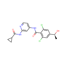 C[C@H](O)c1cc(Cl)c(C(=O)Nc2ccnc(NC(=O)C3CC3)c2)c(Cl)c1 ZINC000096928685