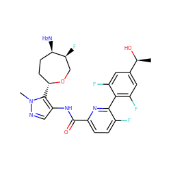 C[C@H](O)c1cc(F)c(-c2nc(C(=O)Nc3cnn(C)c3[C@@H]3CC[C@@H](N)[C@@H](F)CO3)ccc2F)c(F)c1 ZINC000205652852