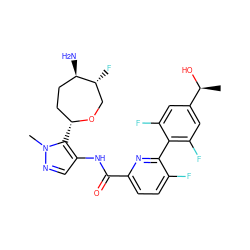 C[C@H](O)c1cc(F)c(-c2nc(C(=O)Nc3cnn(C)c3[C@@H]3CC[C@@H](N)[C@H](F)CO3)ccc2F)c(F)c1 ZINC000205650972