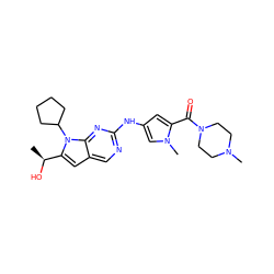 C[C@H](O)c1cc2cnc(Nc3cc(C(=O)N4CCN(C)CC4)n(C)c3)nc2n1C1CCCC1 ZINC000084670592