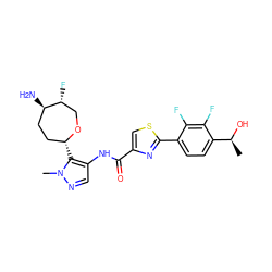 C[C@H](O)c1ccc(-c2nc(C(=O)Nc3cnn(C)c3[C@@H]3CC[C@@H](N)[C@H](F)CO3)cs2)c(F)c1F ZINC000221395366