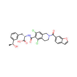 C[C@H](O)c1cccc(C[C@H](NC(=O)c2c(Cl)cc3c(c2Cl)CCN(C(=O)c2ccc4ccoc4c2)C3)C(=O)O)c1 ZINC000084669815