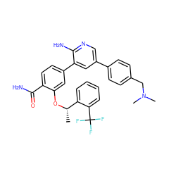 C[C@H](Oc1cc(-c2cc(-c3ccc(CN(C)C)cc3)cnc2N)ccc1C(N)=O)c1ccccc1C(F)(F)F ZINC000084654619
