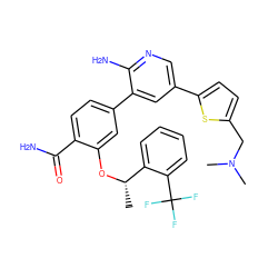 C[C@H](Oc1cc(-c2cc(-c3ccc(CN(C)C)s3)cnc2N)ccc1C(N)=O)c1ccccc1C(F)(F)F ZINC000084655414