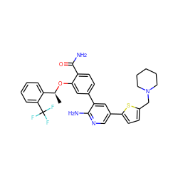 C[C@H](Oc1cc(-c2cc(-c3ccc(CN4CCCCC4)s3)cnc2N)ccc1C(N)=O)c1ccccc1C(F)(F)F ZINC000084655183