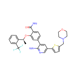 C[C@H](Oc1cc(-c2cc(-c3ccc(CN4CCOCC4)s3)cnc2N)ccc1C(N)=O)c1ccccc1C(F)(F)F ZINC000084655188